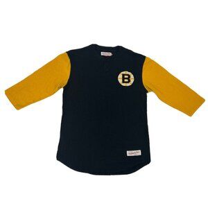 Boston Bruins Shirt Women's M Black Yellow Mitchell & Ness 3/4 Sleeve Henley NHL